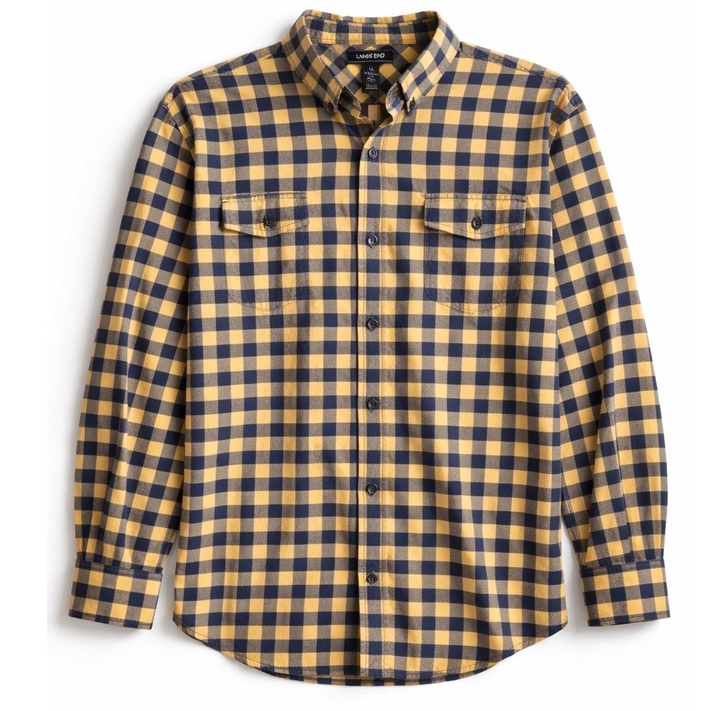 Lands End‎ Mens XL Traditional Fit Buffalo Check Flannel Shirt Navy Yellow